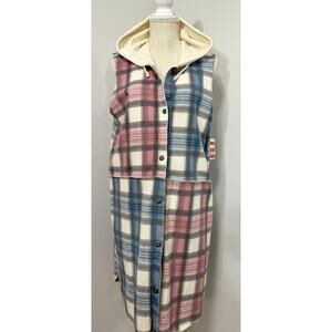 NWT Vintage Italian Plaid Long Shirt Or Dress with Hood Plaid Sleeveless L XL